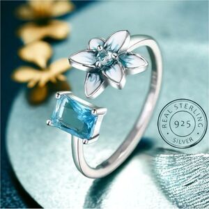 🪷Sterling Silver 925 Teal and Blue Zircon Open Lotus Adjustable Ring